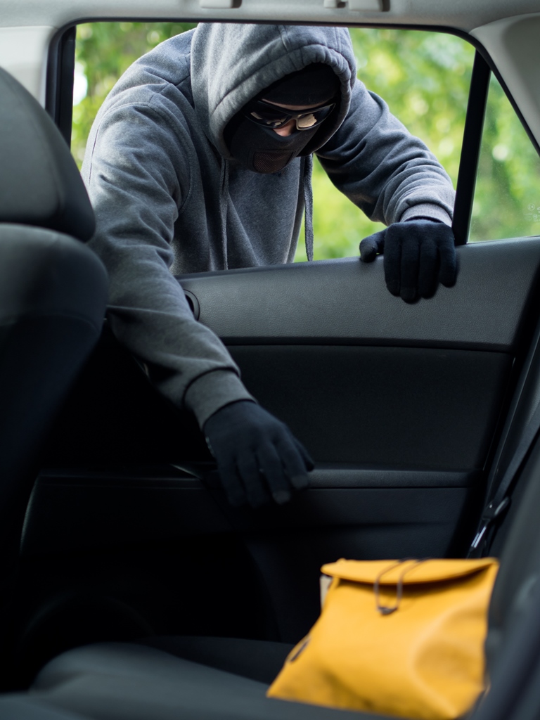 masked man stealing purse from car